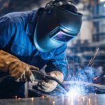 Soldador con careta y guantes de protección aplicando medidas de seguridad en procesos de soldadura industrial.