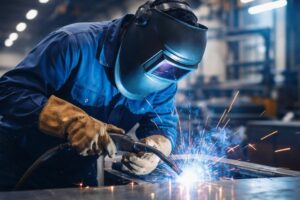 Soldador con careta y guantes de protección aplicando medidas de seguridad en procesos de soldadura industrial.