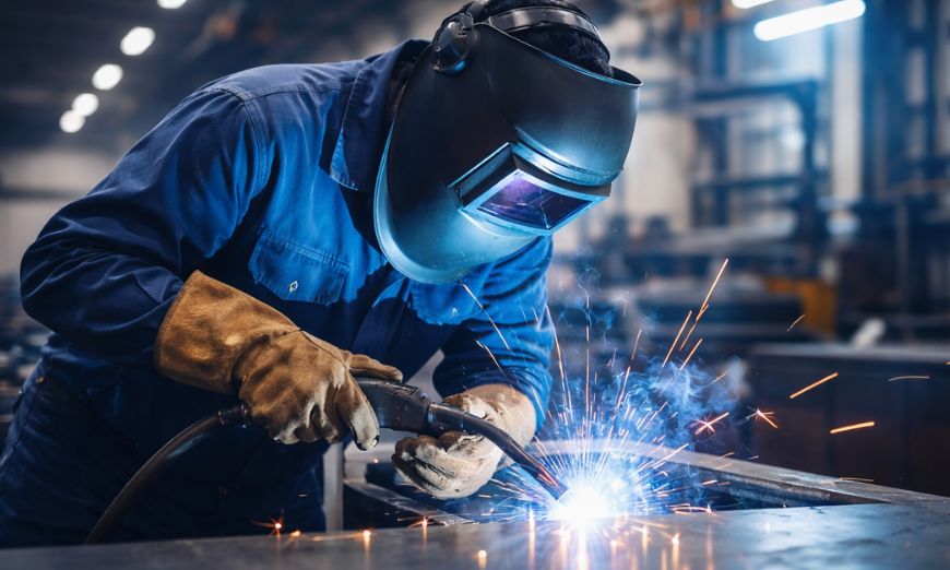 Soldador con careta y guantes de protección aplicando medidas de seguridad en procesos de soldadura industrial.